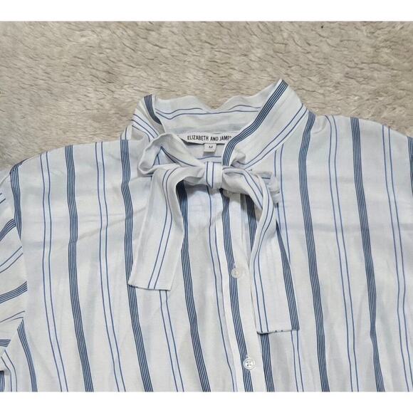 Elizabeth and James Blue and White Striped Tie Neck Button Up Blouse, Medium - Picture 3 of 8